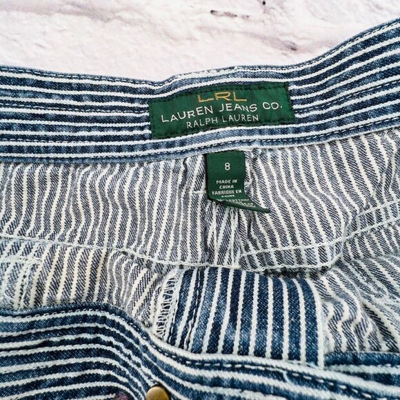 LRL Lauren Jeans Shorts Womans 8 Blue White Striped Anchor Button Cotton - Picture 4 of 10